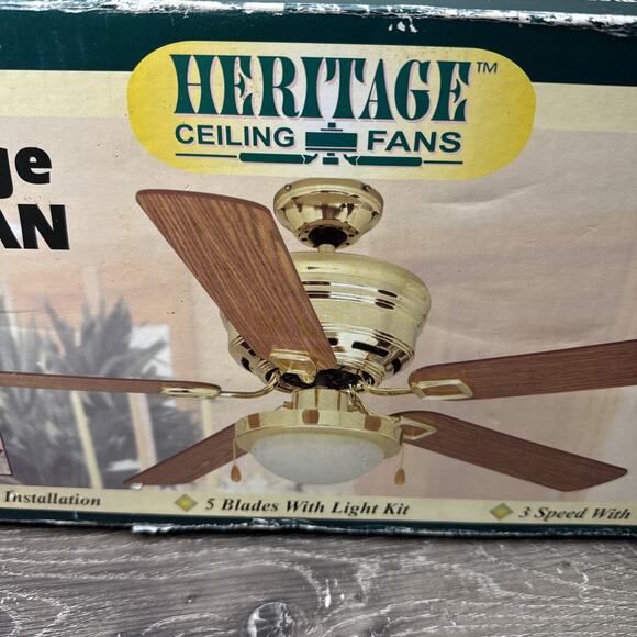 VTG Heritage 52”Ceiling Fan Polished Brass Finish Oak /Walnut Blades W/ Light - Picture 14 of 14